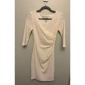 Joseph Ribkoff Faux Wrap Dress 4 White Sequin Textured Ruched Sheath Cocktail